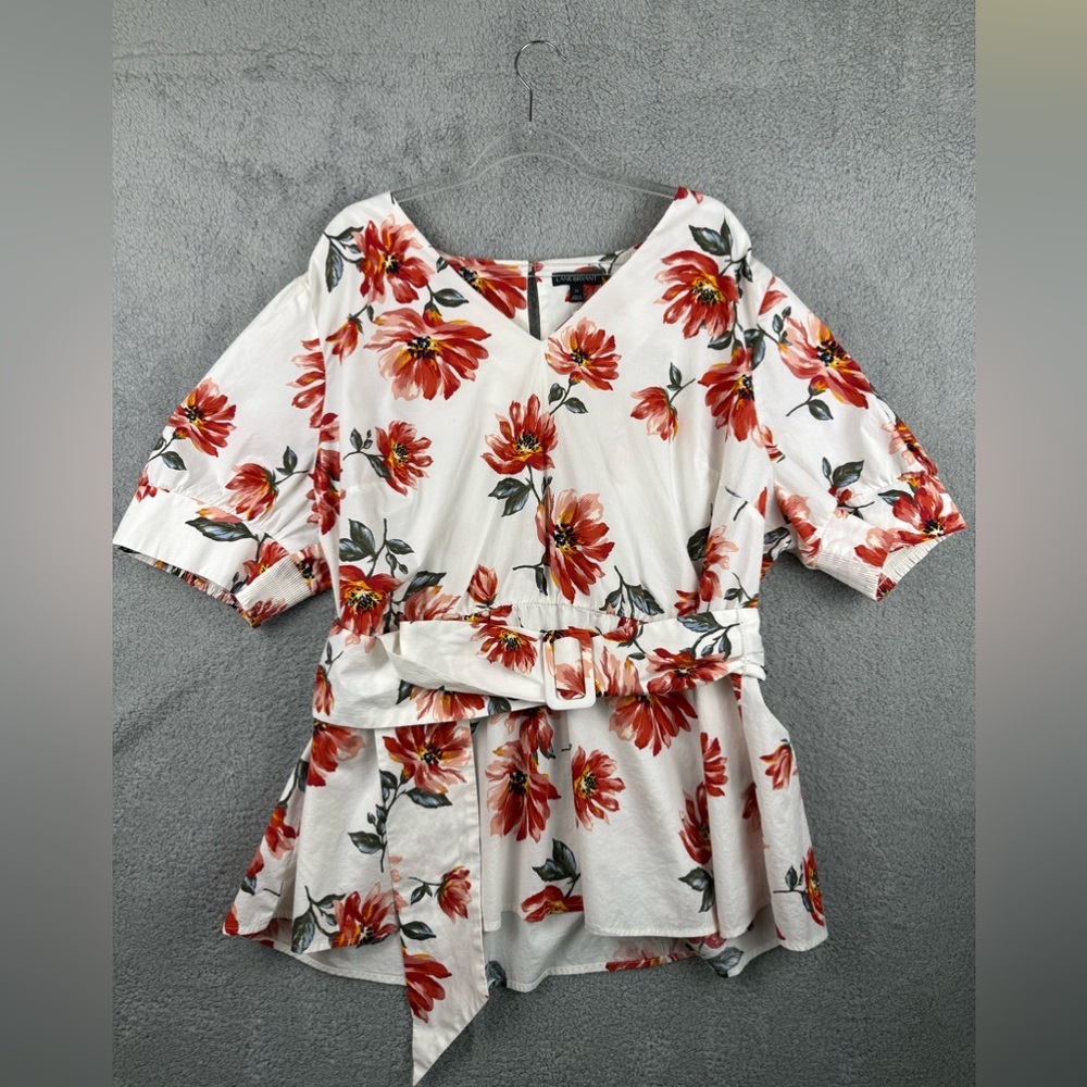 Lane Bryant belted peplum style top red floral size 24 preowned